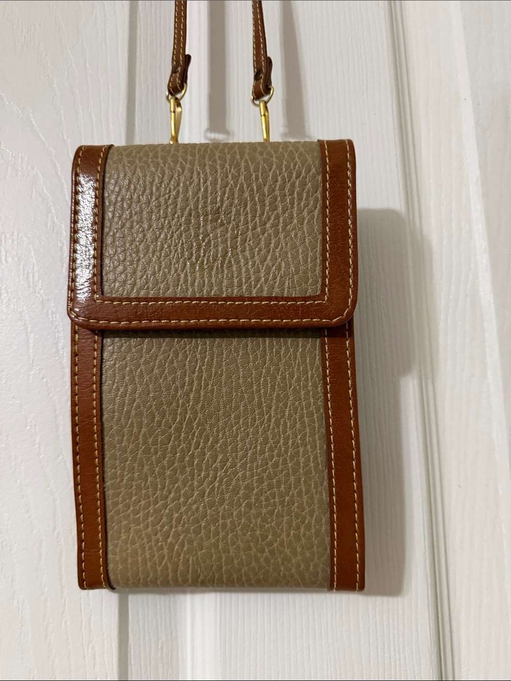 Women's Crossbody Phone Pouch in Taupe with Brown Trim